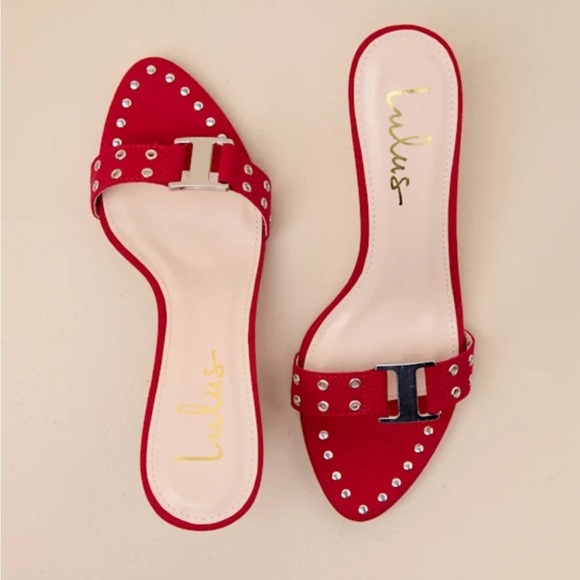 NEW w/Tag (NWT) Lulus Caloway Red Suede Studded Buckle High Heel Slide Sandals - Picture 5 of 5